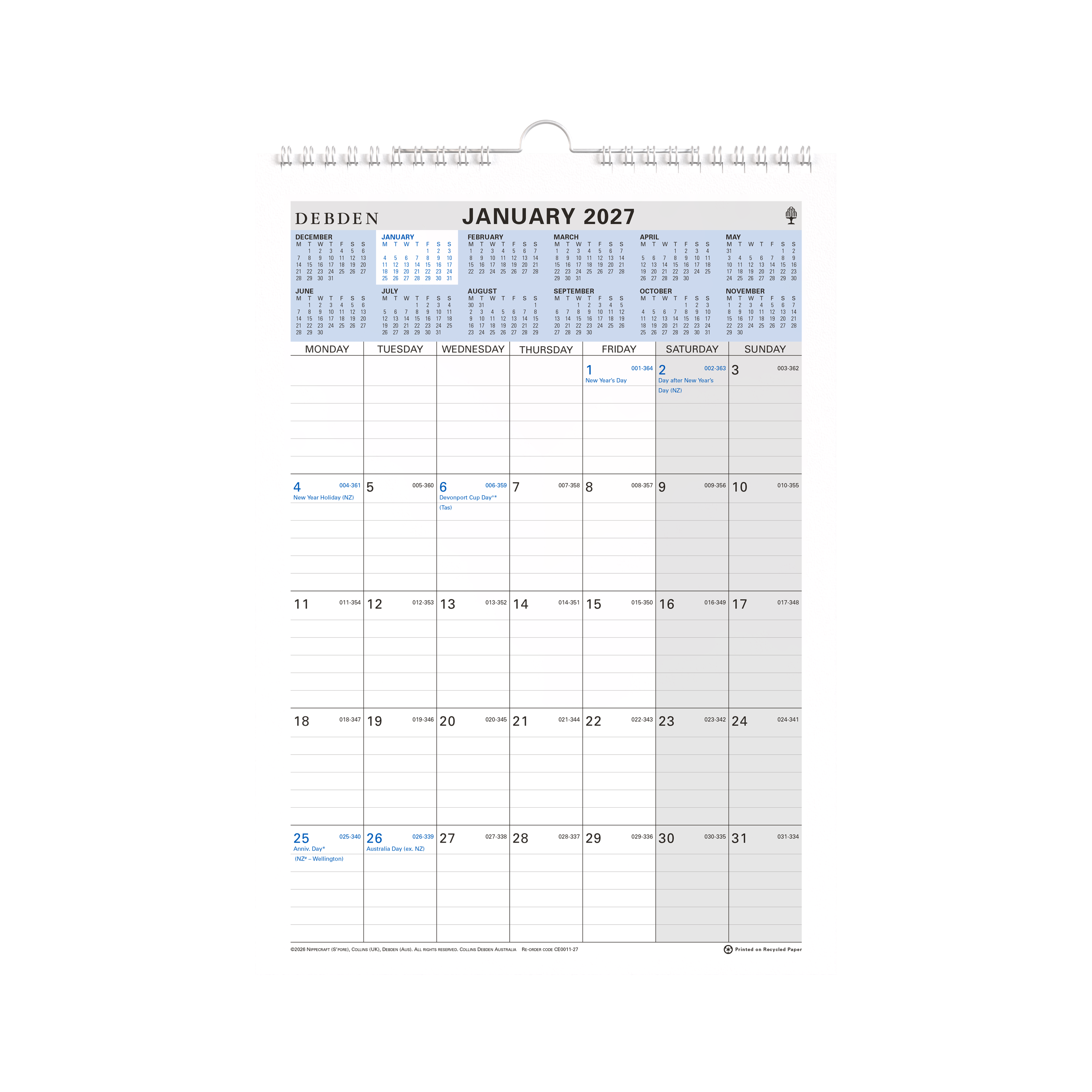 Collins 2027 A4 Wiro Wall Calendar Month to View angled view