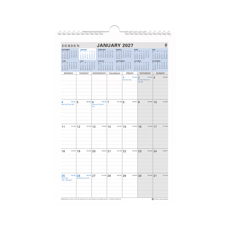Collins 2027 A4 Wiro Wall Calendar Month to View angled view