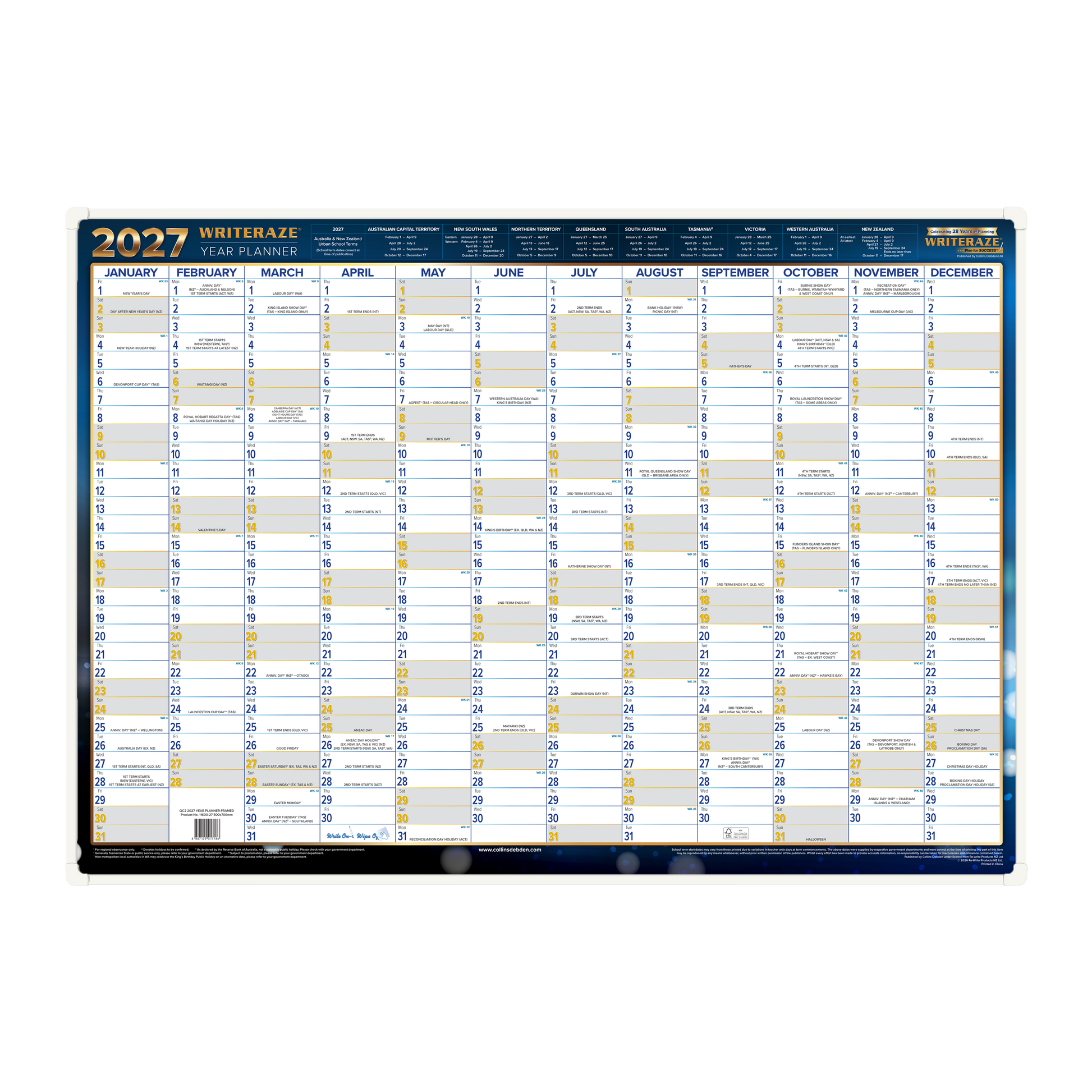 Collins Writeraze 2027 500x700mm framed laminated planner front view