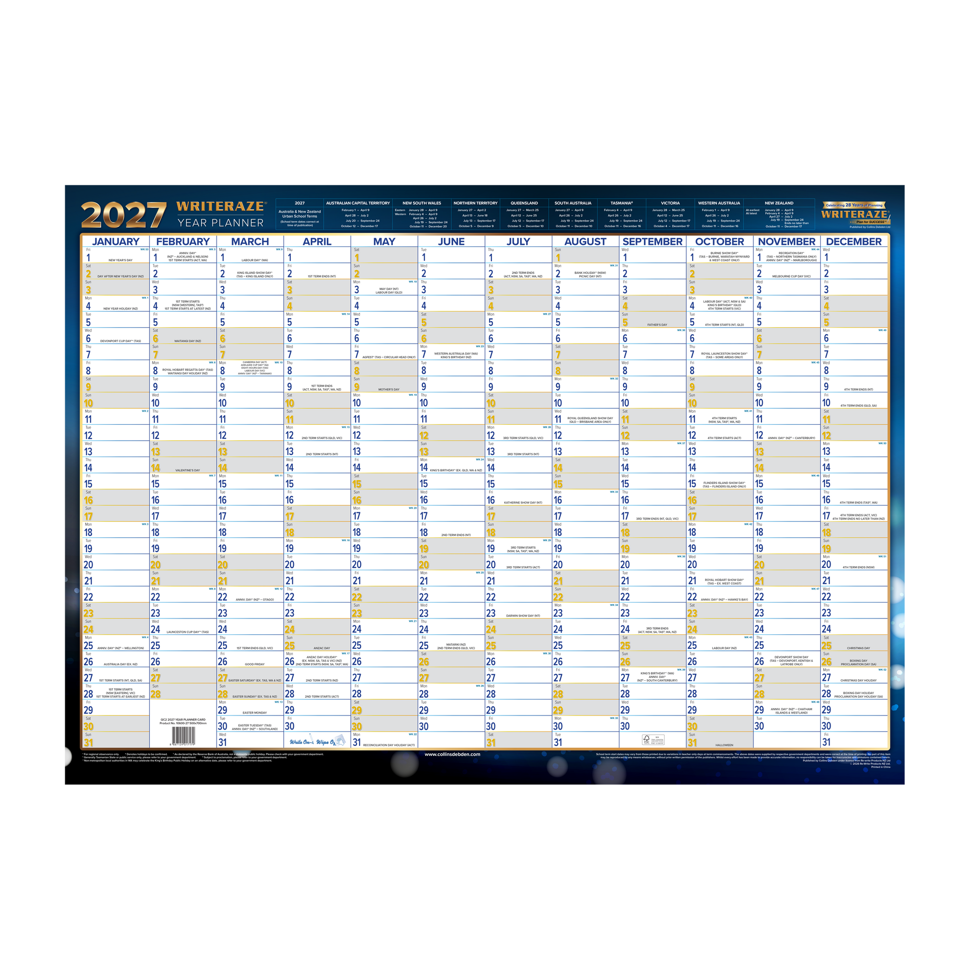 Collins Writeraze 2027 500x700mm laminated planner front view