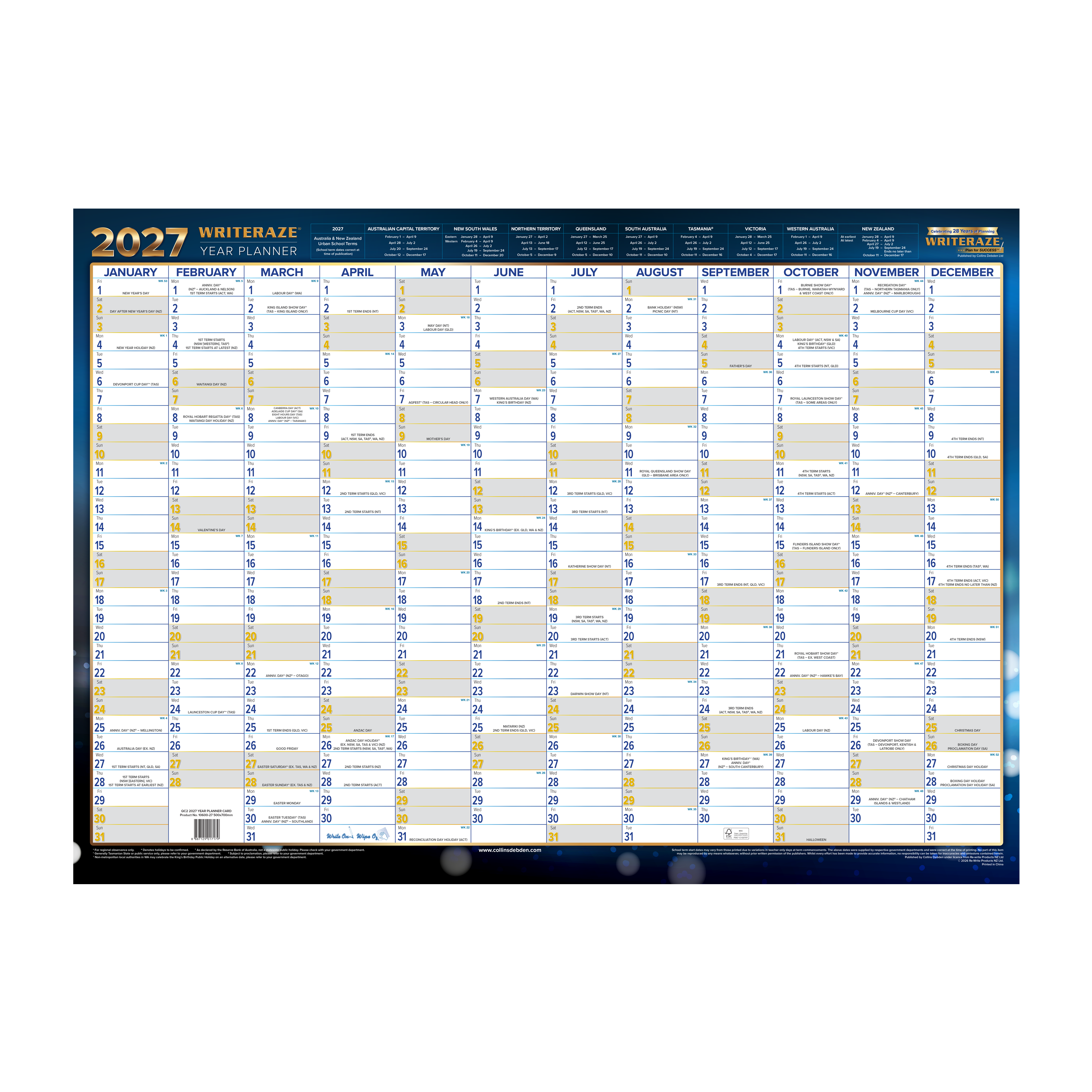 Collins Writeraze 2027 500x700mm laminated planner front view