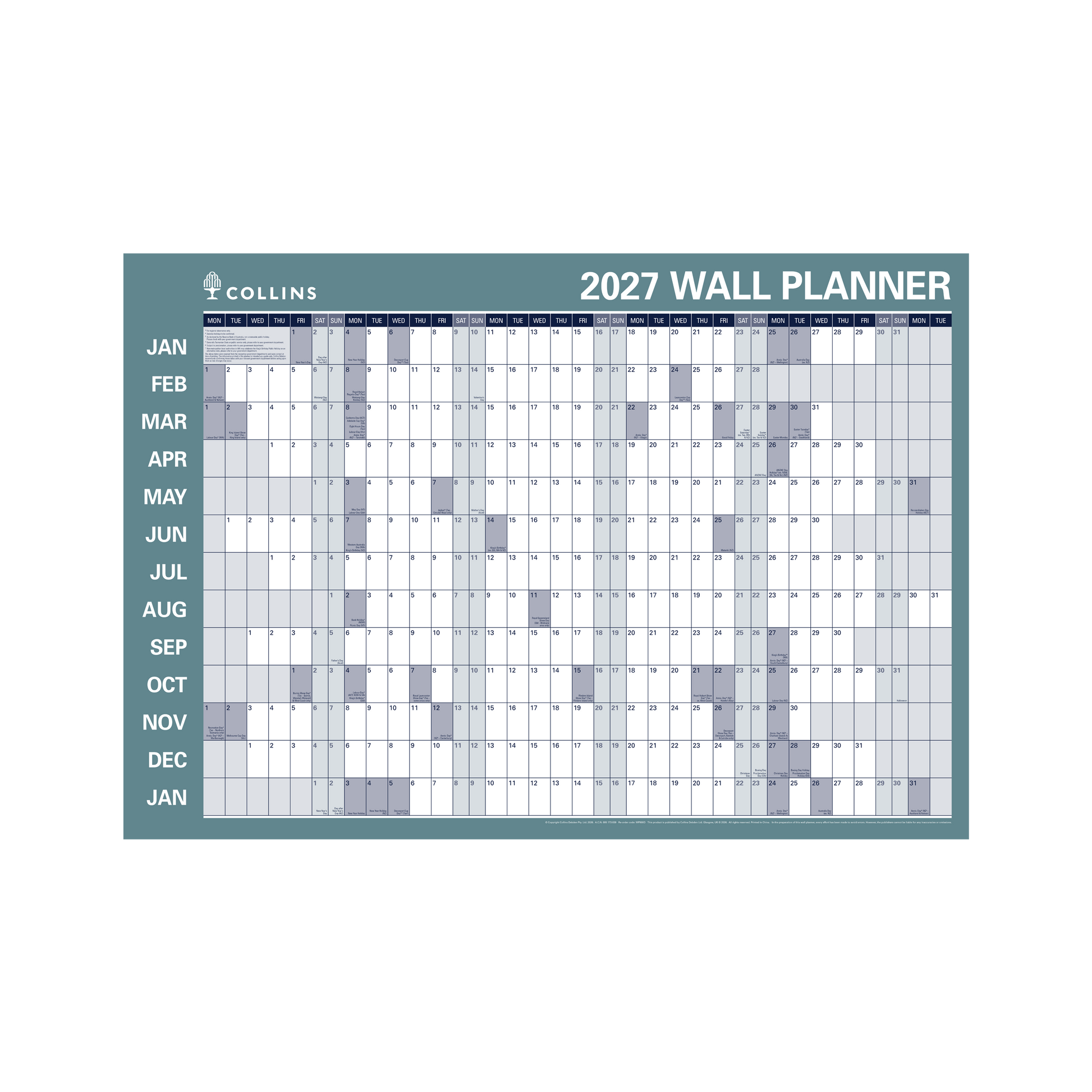 Collins Writeraze 2027 686x990mm laminated roll-up planner angled view