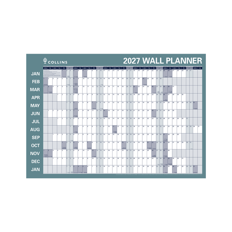 Collins Writeraze 2027 686x990mm laminated roll-up planner angled view