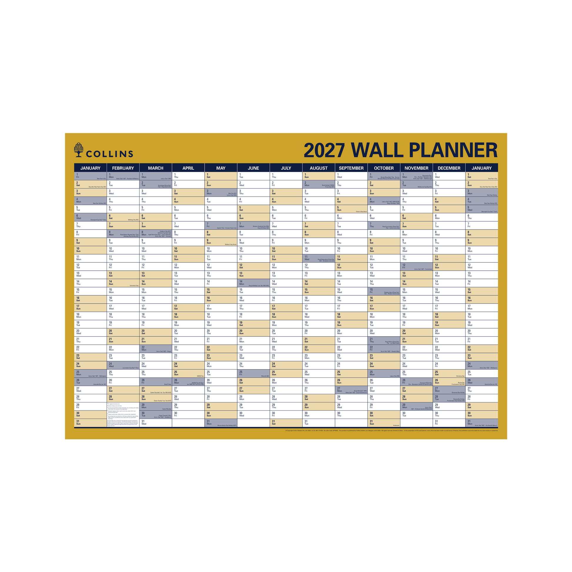 Collins Writeraze 2027 686x990mm laminated roll-up planner layout detail