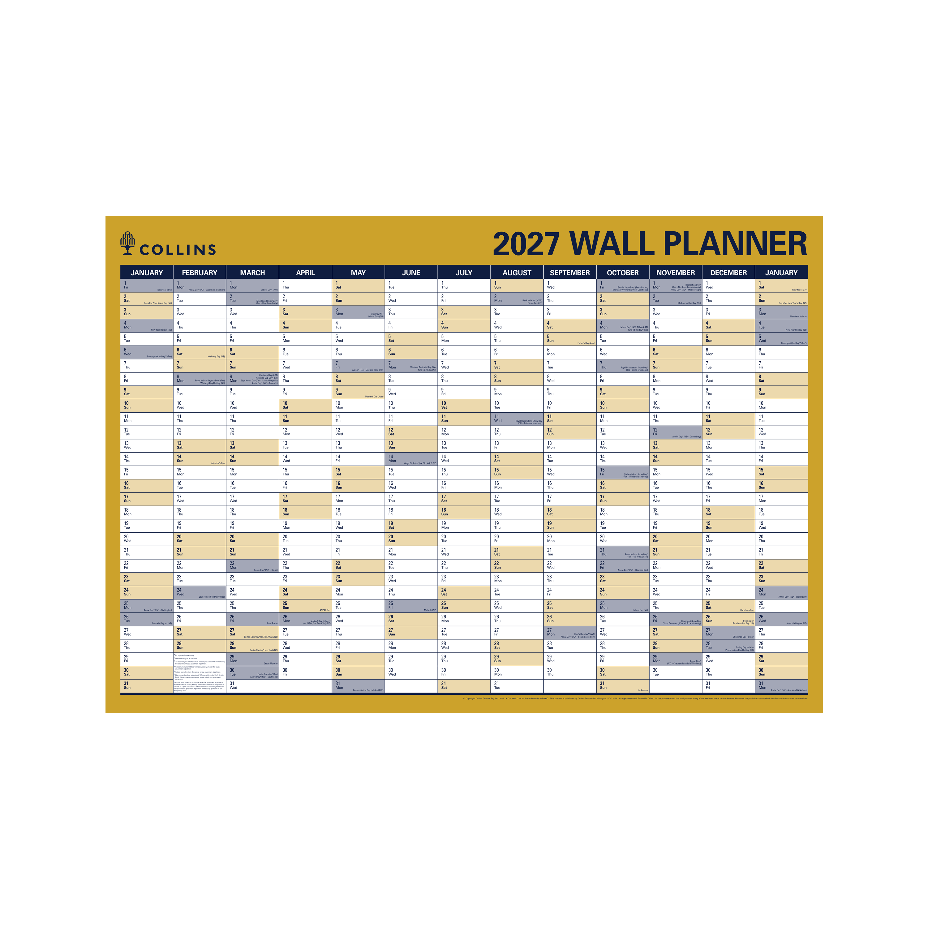 Collins Writeraze 2027 686x990mm laminated roll-up planner layout detail