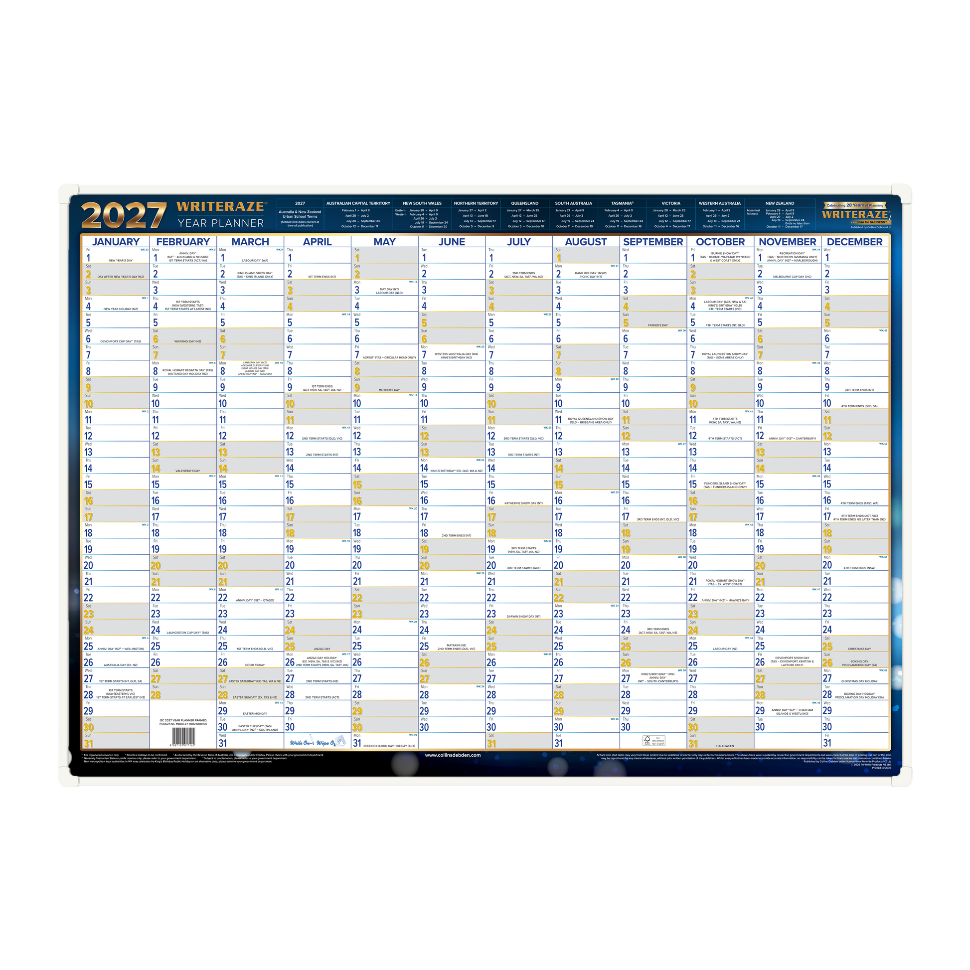 Collins Writeraze 2027 700x1000mm framed laminated planner front view