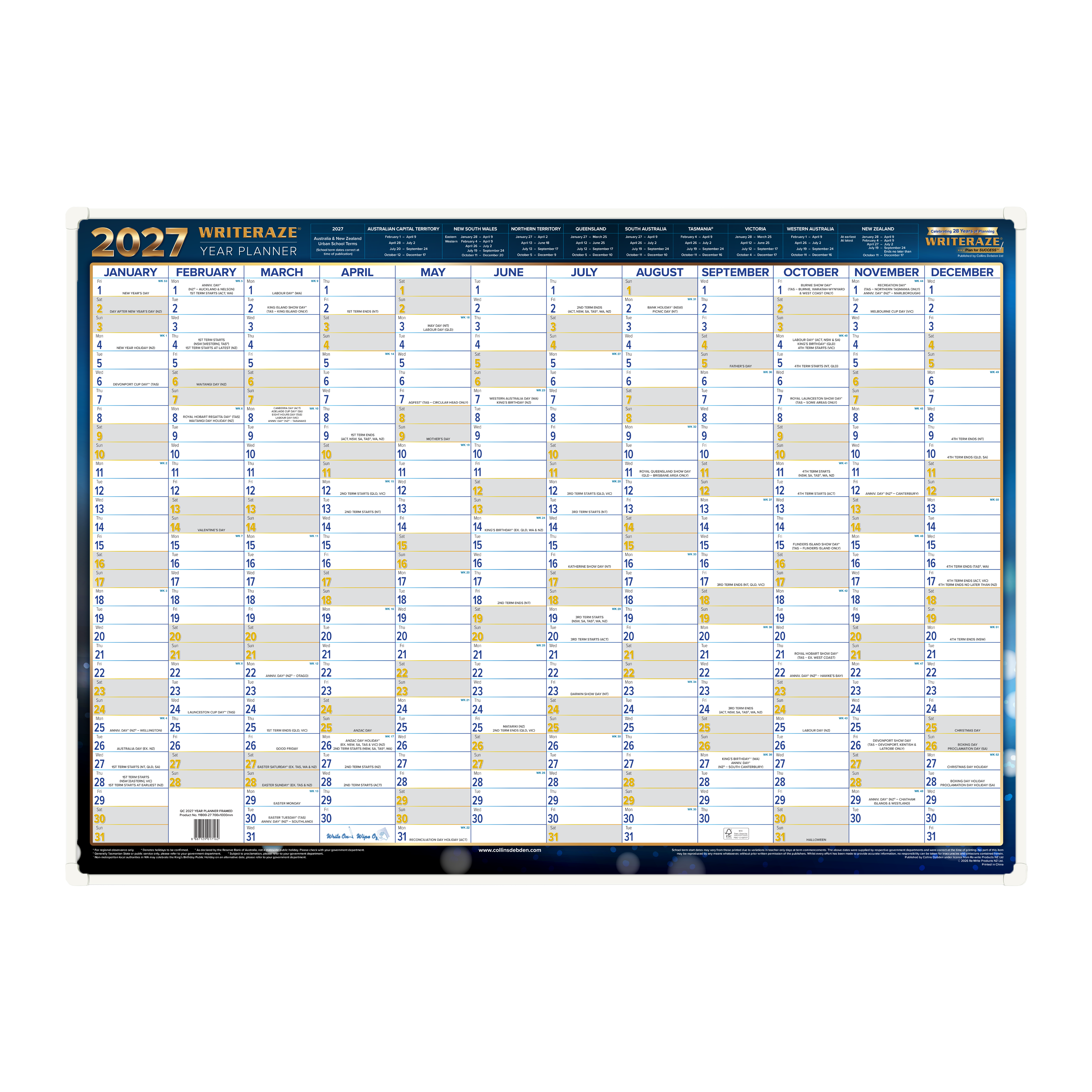 Collins Writeraze 2027 700x1000mm framed laminated planner front view