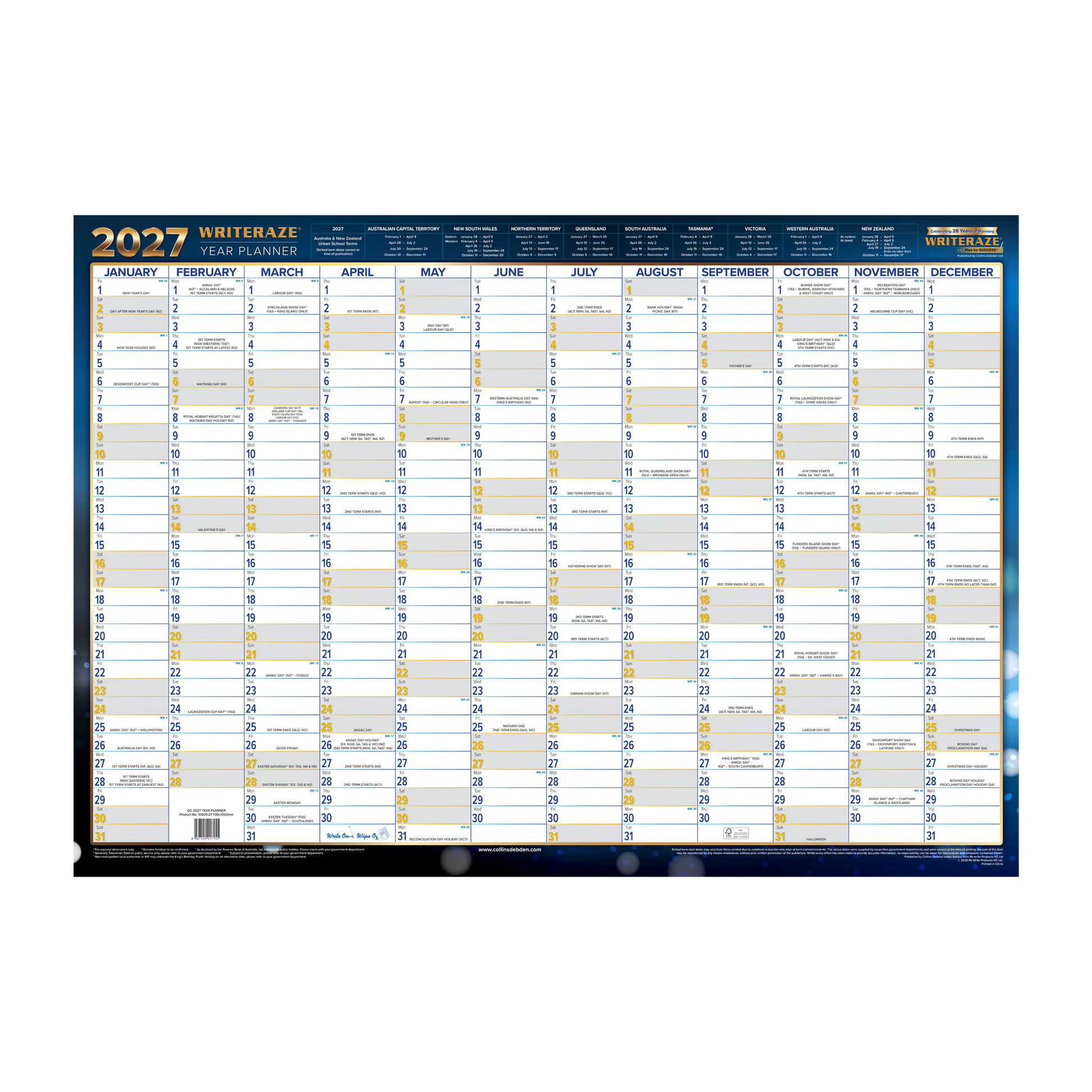 Collins Writeraze 2027 700x1000mm laminated planner front view