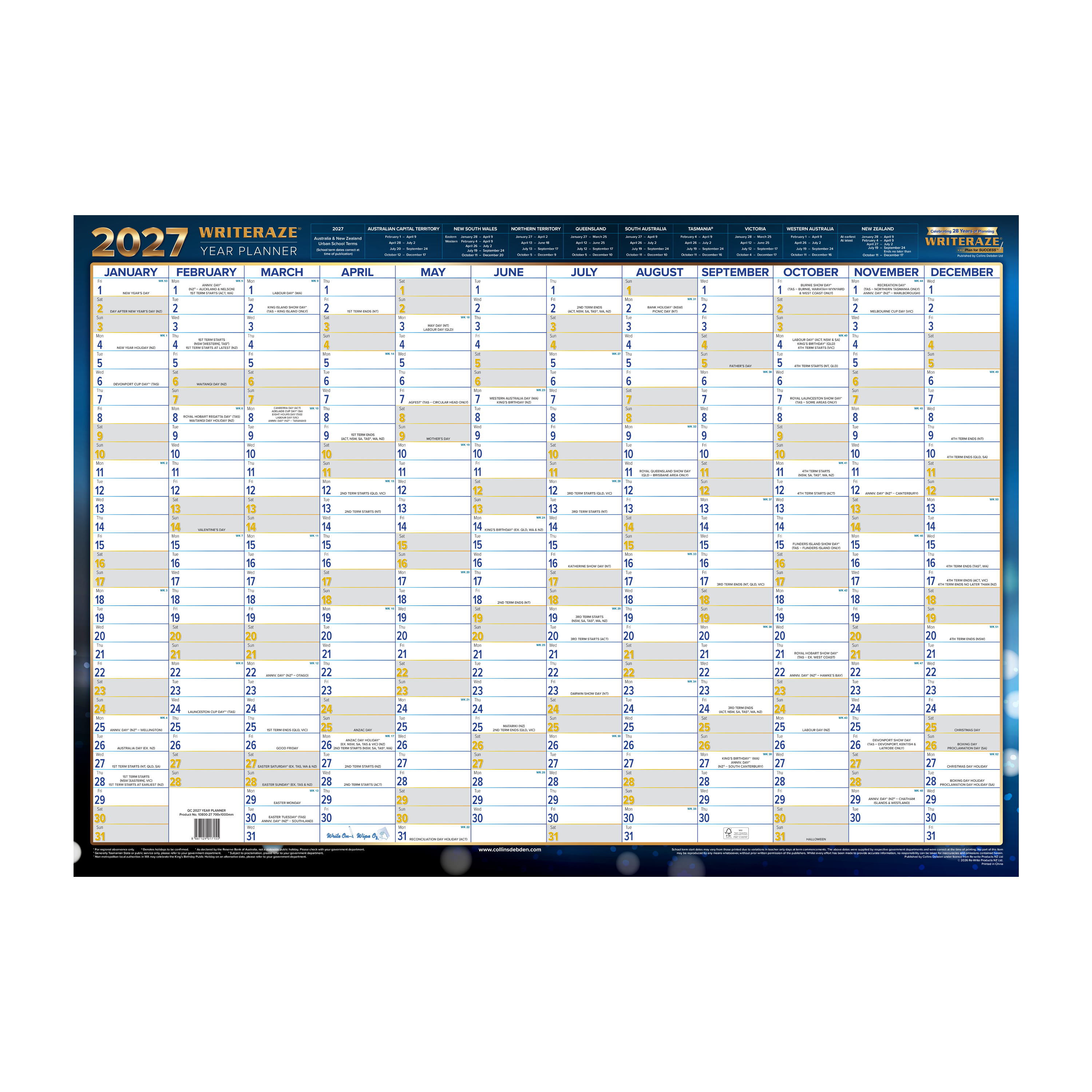Collins Writeraze 2027 700x1000mm laminated planner front view
