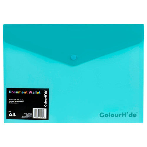ColourHide PP Document Wallet with Button Closure A4 Aqua Pack of 10