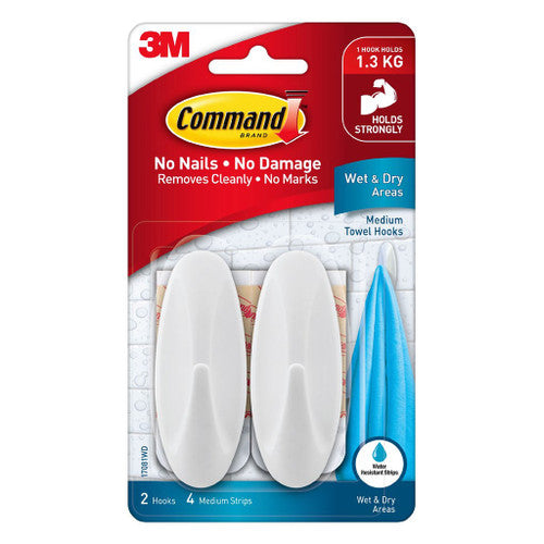 Command Wet and Dry Towel Hooks Medium White (1.3kg)