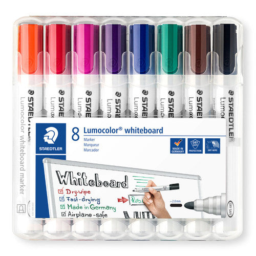 Staedtler Lumocolor 351 WP8 non-permanent bullet tip whiteboard marker wallet of 8 assorted showing comprehensive colour range for complex diagrams