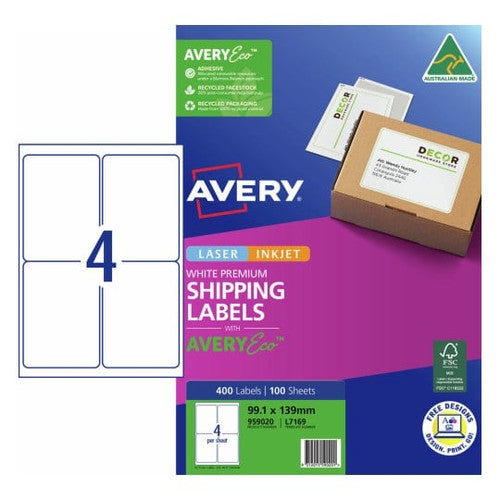 Avery 959020 Premium Shipping Labels With AveryEco L7169 99.1 x 139mm Pack Of 100 4 Up