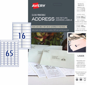 Avery Clear Address and Return Address Kit L7278 L7279 128+130 Pack 99.1 x 34mm and 38.1 x 21.2mm 16+65UP
