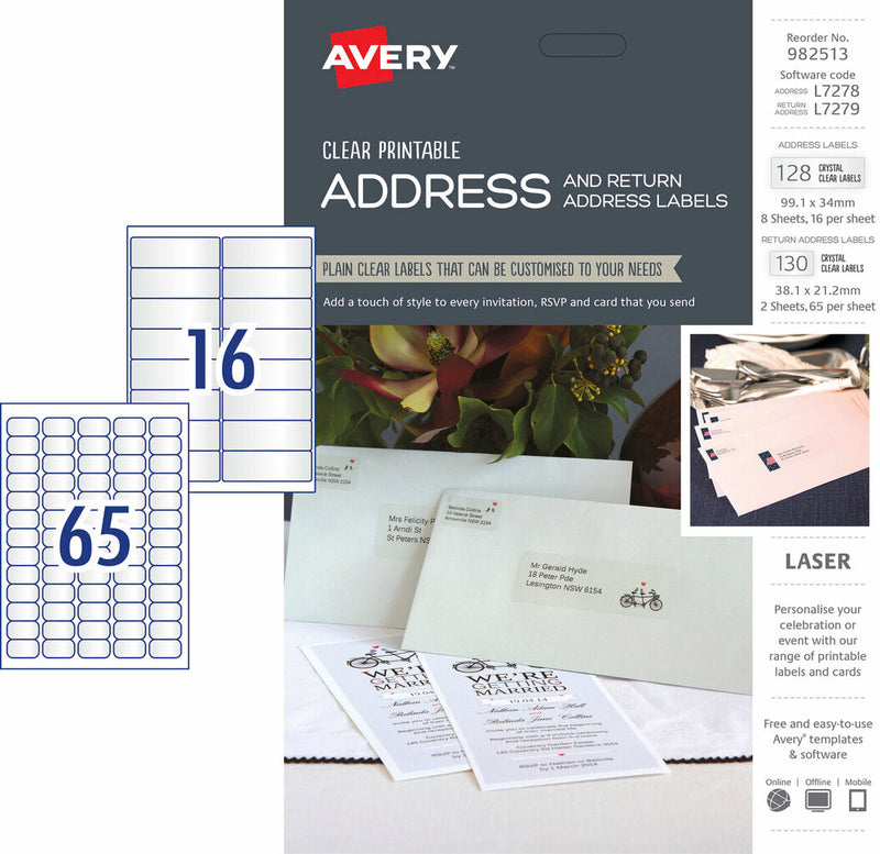 Avery Clear Address and Return Address Kit L7278 L7279 128+130 Pack 99.1 x 34mm and 38.1 x 21.2mm 16+65UP