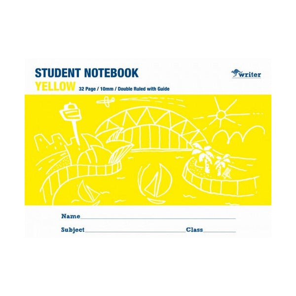 Writer Student Notebook 32 Page Double Ruled Guide 10mm Yellow Pack 20