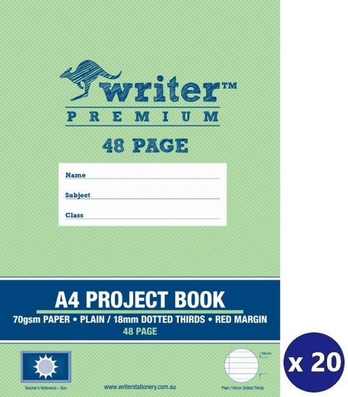 Writer Premium Project Book A4 48 Page Plain Plus 18mm Dotted Thirds Red Margin Sun Cover Pack 20 — front cover
