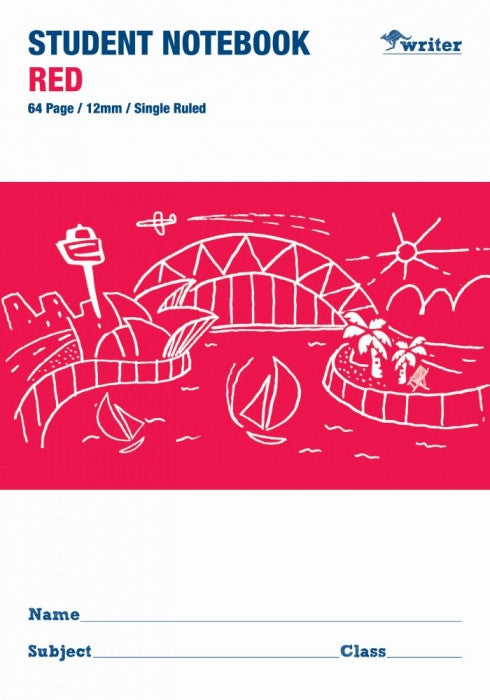 Writer Student Notebook 64 Page Single Ruled 12mm Red Pack 20