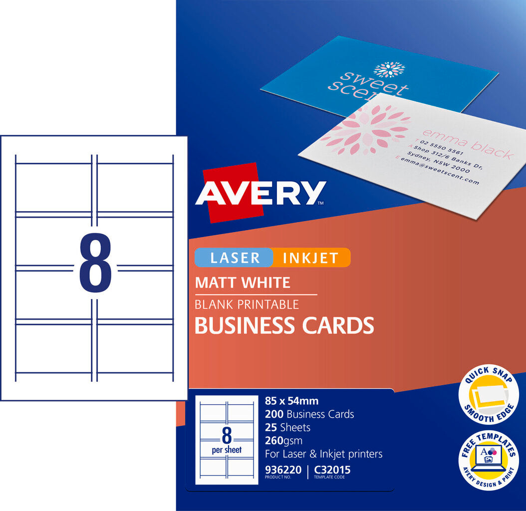 Avery White Quick and Clean Double Sided Inkjet Business Card Matt 250gsm 8UP