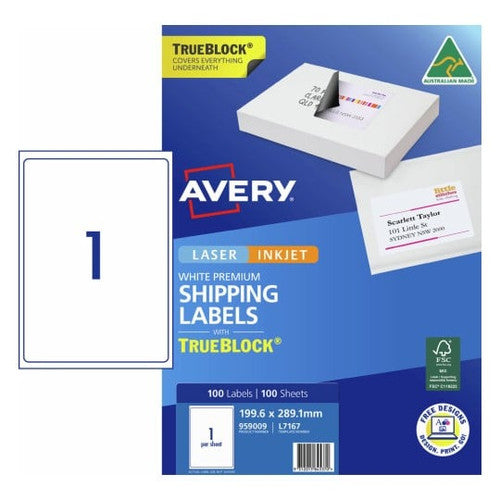 Avery Laser TrueBlock Shipping Labels L7167 100 Pack 199.6 x 289.1mm 1UP