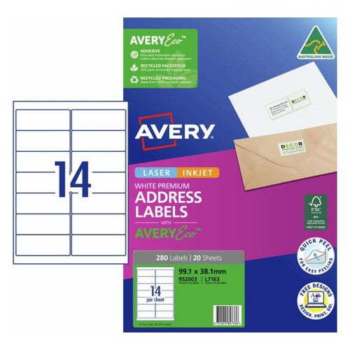 AveryEco Quick Peel Address Labels with Sure Feed L7163 280 Pack 99.1 x 38.1mm Laser White 14UP