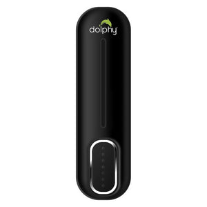 Dolphy Classic soap and shampoo dispenser, front view of the black dispenser with a clear level window and push button