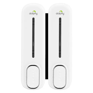 Dolphy Classic soap and shampoo dispenser, front view of the set of two joined white dispensers with clear level windows and push buttons