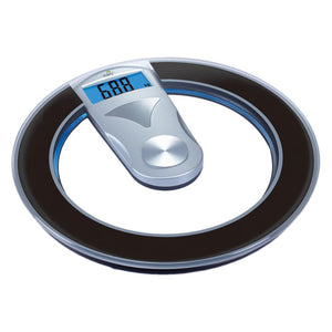 Dolphy round transparent glass weight scale with a dark ring and a silver display arm with blue backlit readout