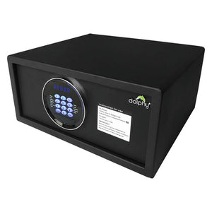 Dolphy SmartVault in-room hotel safe in black, front three-quarter view showing the round digital keypad with blue display and the instruction label on the door