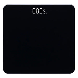 Dolphy square digital weight scale in black glass with a white LED readout near the top edge, top view