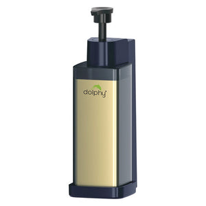 Dolphy manual soap dispenser, front view of the clear pump bottle in a dark wall bracket, shown filled with a gold coloured liquid