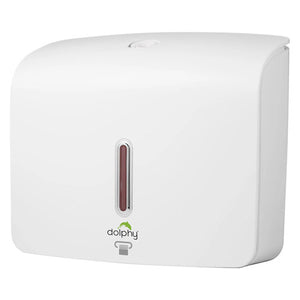 Dolphy Plaza Ultraslim paper towel dispenser in white, front view with the slim refill window above the Dolphy logo