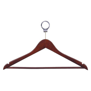 Dolphy brown timber cloth hanger with ring fitting at the top, front view showing the shaped shoulders and lower bar