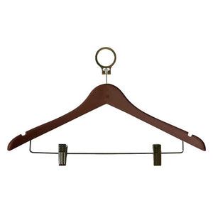 Dolphy brown timber cloth hanger with two metal clips on the lower bar and a ring fitting at the top, front view