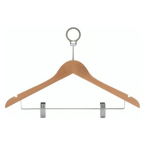Dolphy natural timber cloth hanger with two metal clips on the lower bar and a ring fitting, front view on white