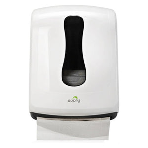 Dolphy Slimline paper towel dispenser in white, front view with the dark viewing window and a folded towel below