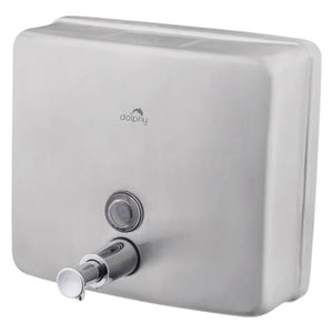 Dolphy stainless steel liquid soap dispenser, front view of the brushed silver housing with a push valve