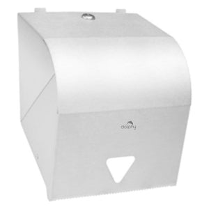 Dolphy roll towel dispenser in white, angled view with the triangular towel window and lock at the top of the cover