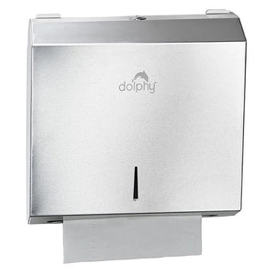 Dolphy Universal stainless steel paper towel dispenser in satin finish, front view with a folded towel showing at the base