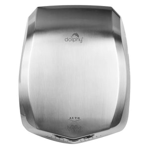 Dolphy SUPERCHARGE stainless steel hand dryer, front view of the brushed body