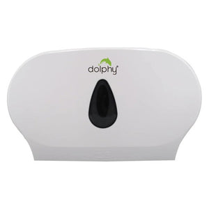 Dolphy twin jumbo toilet roll dispenser in white, front view with central viewing window