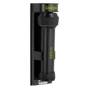 Dolphy wall mounted hotel torch in black, seated upright in its black wall cradle with yellow printing on the barrel