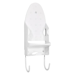 Dolphy wall mounted iron and board holder in white, a perforated iron cradle with a tray and two hooks below, on a white background