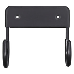 Dolphy wall mounted iron board hanger in black, a flat wall plate with two screw holes and two curved hooks below