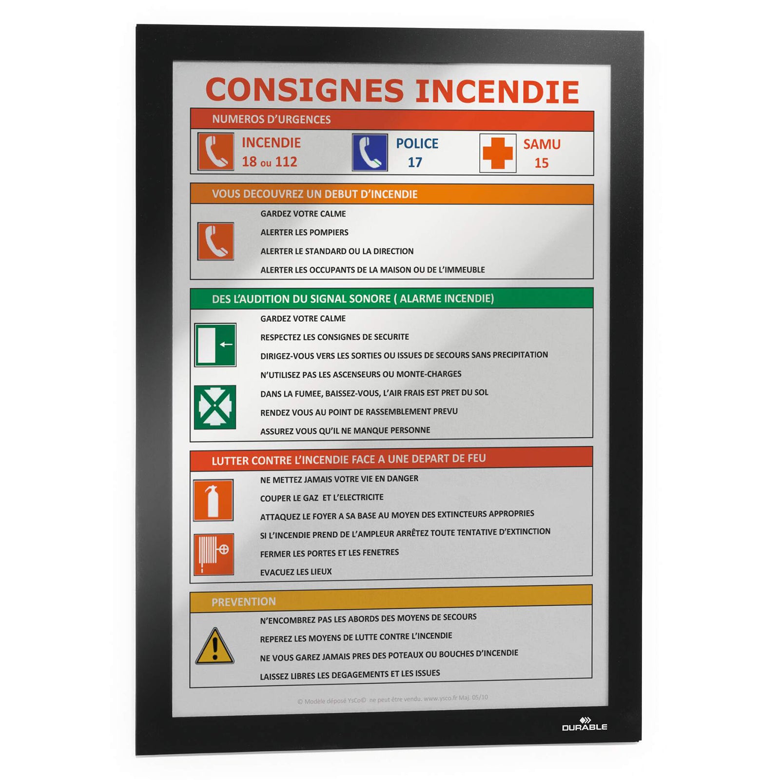 Studio product image of the Durable DURAFRAME Sun A4 Black holding an A4 safety information poster. The image clearly shows the slim black border and professional appearance suitable for commercial signage and workplace communication.