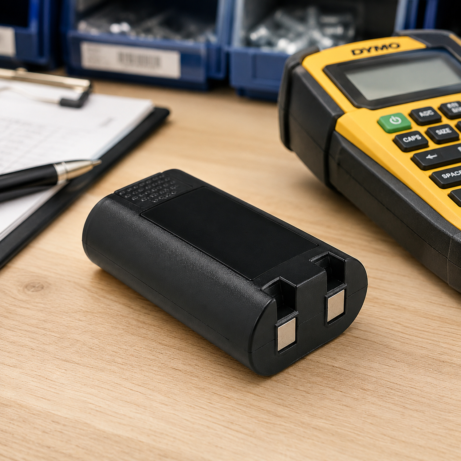 Black battery on a wooden surface with a Dymo label printer in the background.