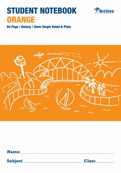 Writer Student Notebook 64 Page Single Ruled Plain 8mm Orange Pack 20