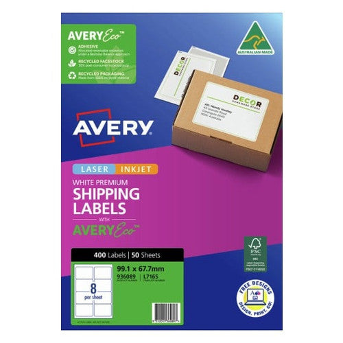 AveryEco White Address and Shipping Inkjet Labels J8165 50 Pack 99.1 x 67.7mm 8UP