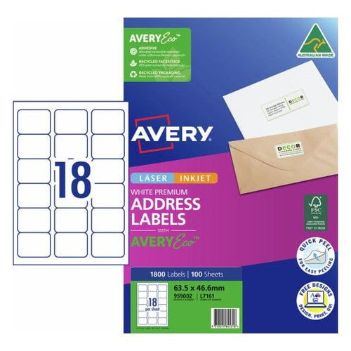 AveryEco Quick Peel Address Labels with Sure Feed L7161 1800 Pack 63.5 x 46.6mm Laser White 18UP