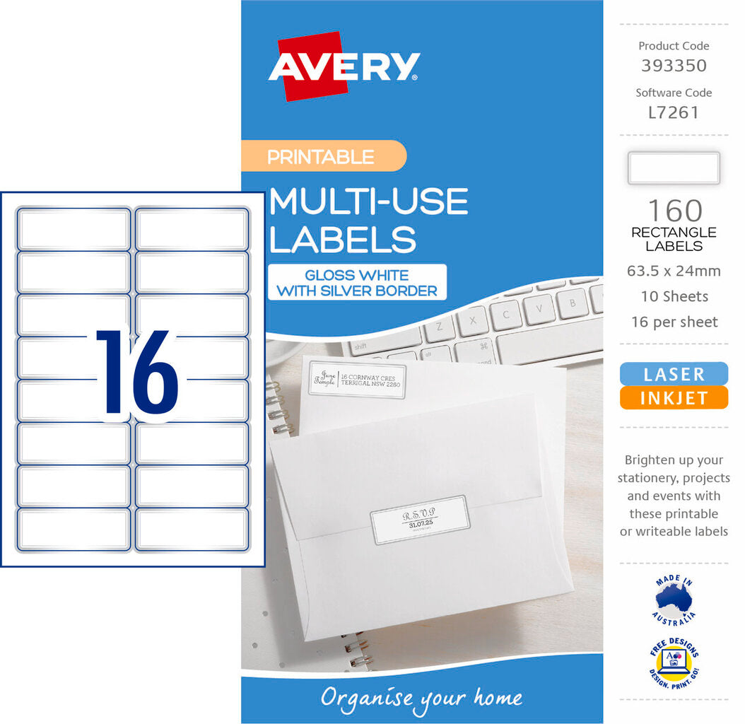 Avery Multi Use Labels With Silver Border 10 Pack 63.5x24mm Laser Inkjet 16UP